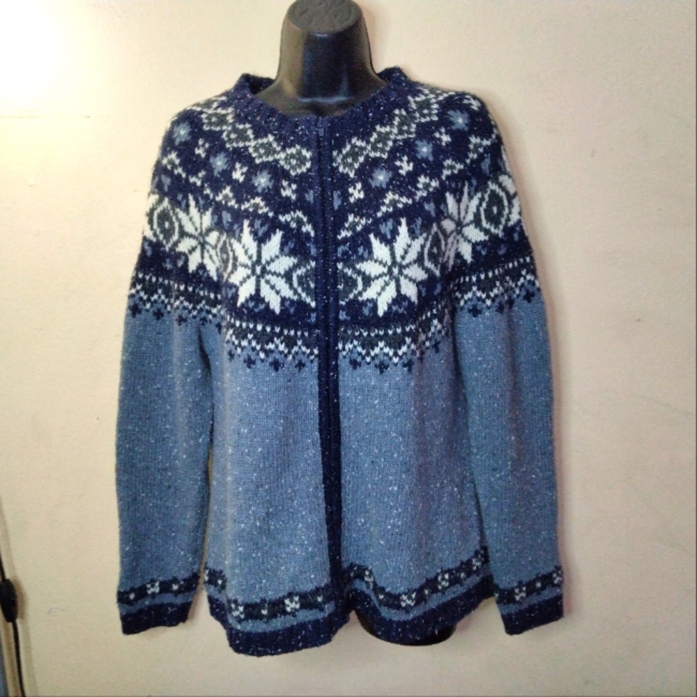 Eddie Bauer Fair Isle Wool Blend Cardigan Sweater Button Down Size M